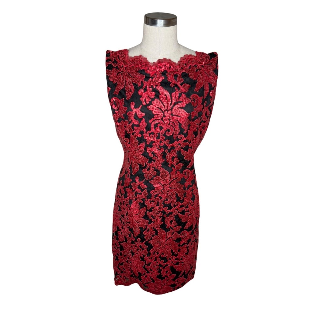 TADASHI SHOJI Cocktail Dress‎ Red Black Sequin Floral Lace Women's Size 10 Party